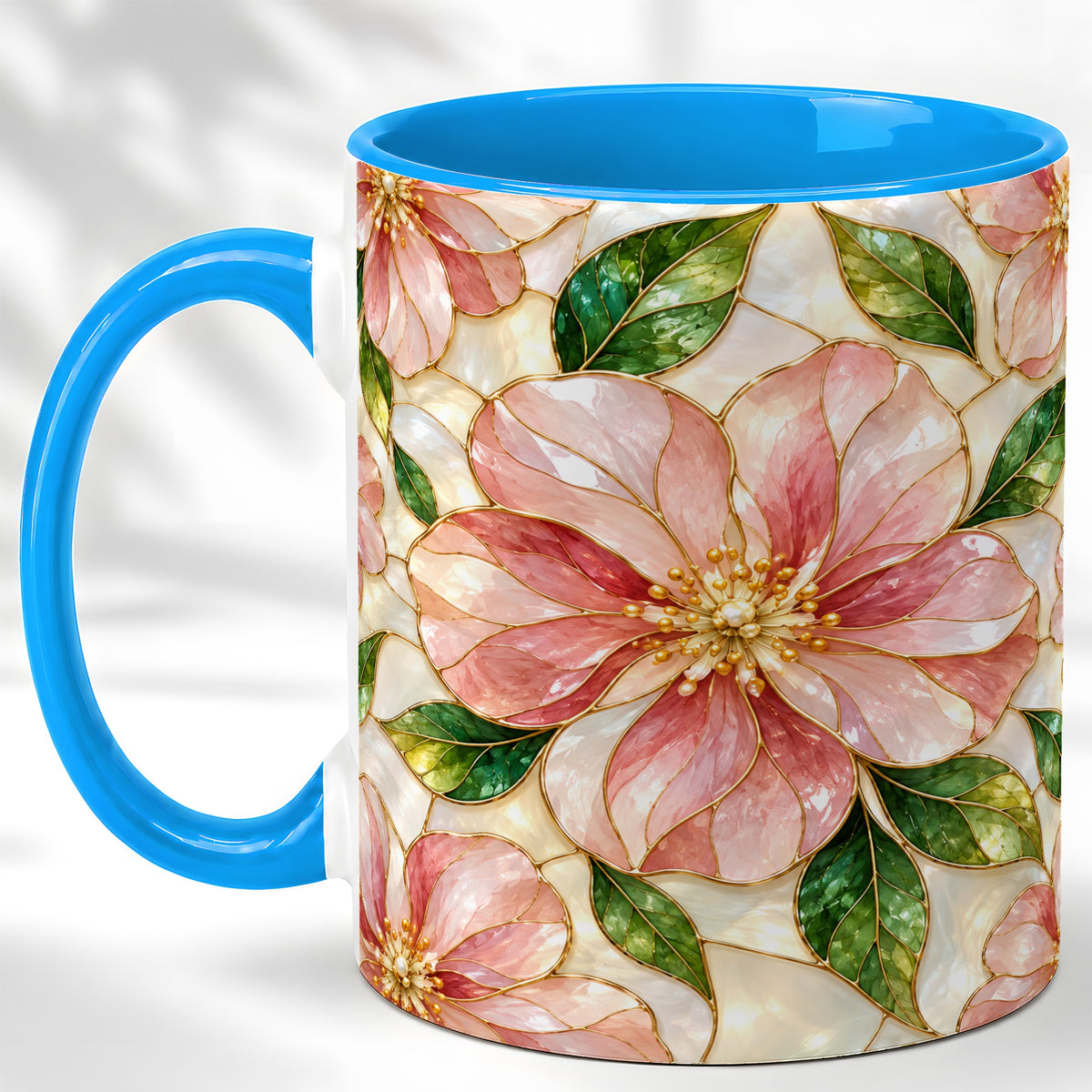 #pl[11oz|Blue] Pink Stained Glass Style Coffee Mug, Floral Art Mug, Ceramic Cup