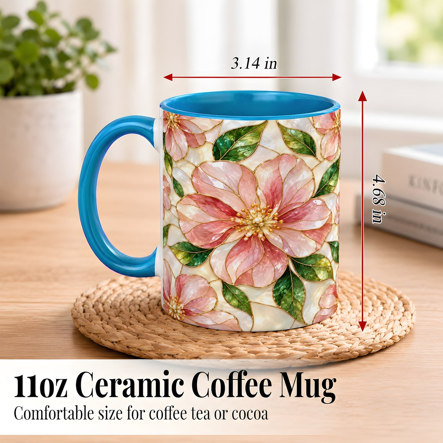 #pl[11oz|Blue] Pink Stained Glass Style Coffee Mug, Floral Art Mug, Ceramic Cup