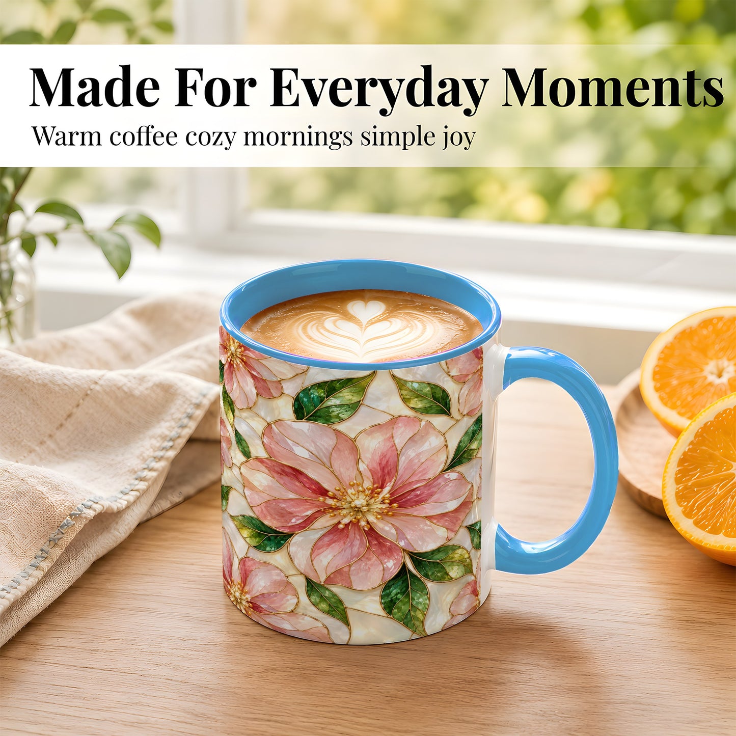 #pl[11oz|Blue] Pink Stained Glass Style Coffee Mug, Floral Art Mug, Ceramic Cup