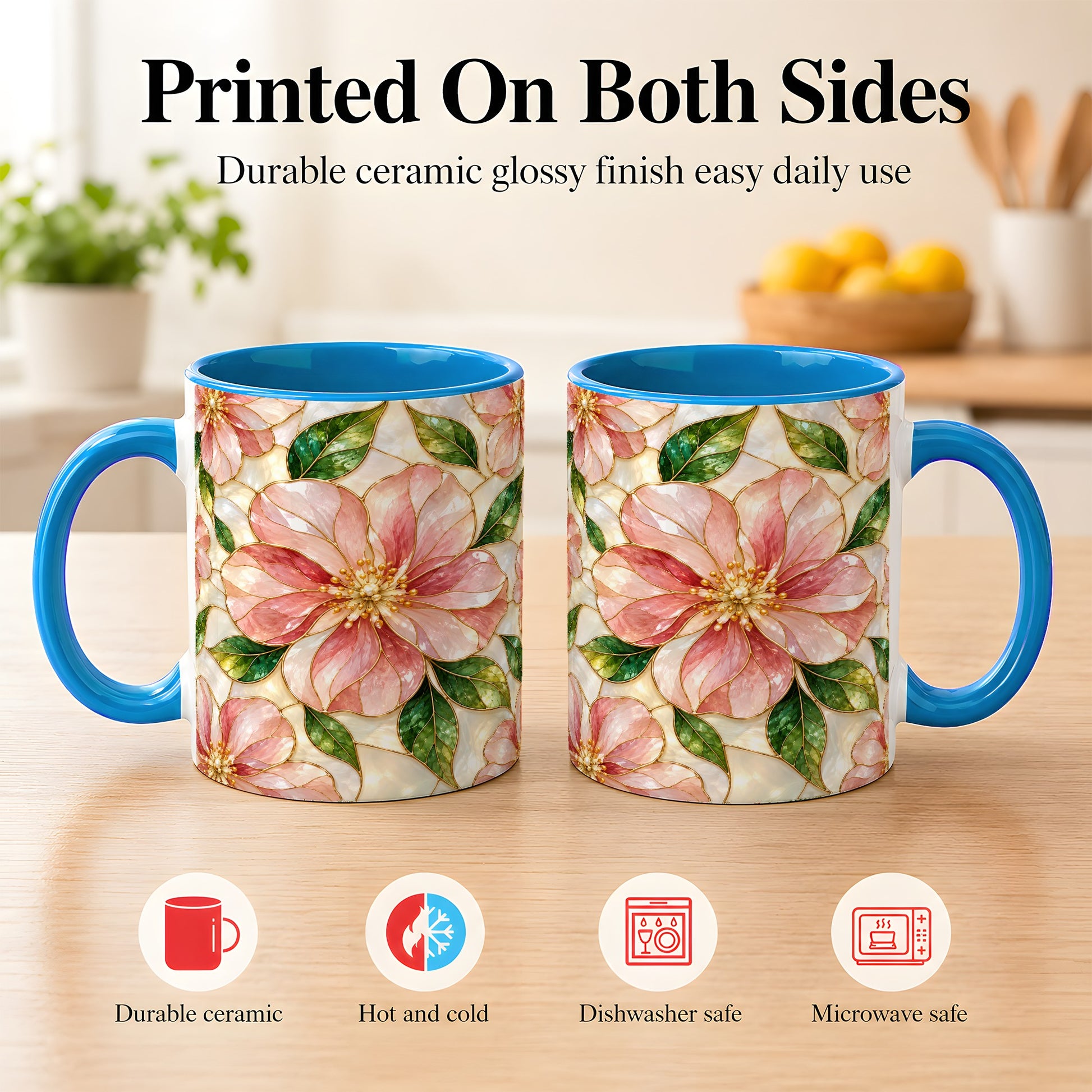 #pl[11oz|Blue] Pink Stained Glass Style Coffee Mug, Floral Art Mug, Ceramic Cup