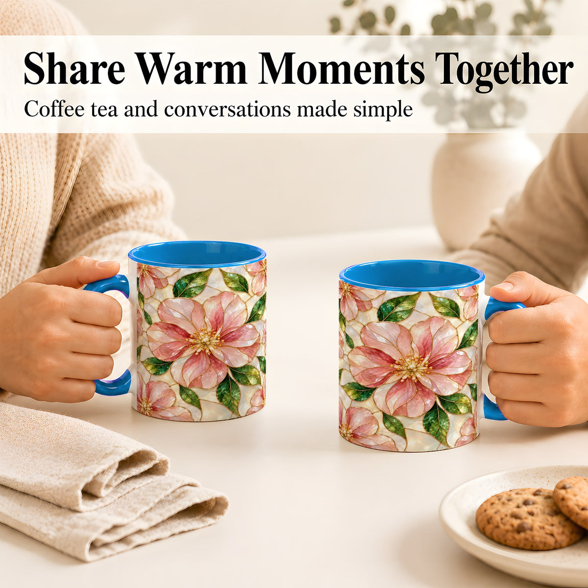 #pl[11oz|Blue] Pink Stained Glass Style Coffee Mug, Floral Art Mug, Ceramic Cup