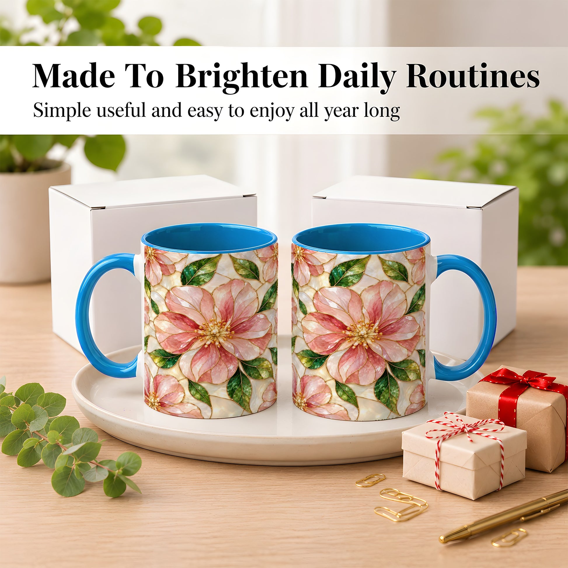 #pl[11oz|Blue] Pink Stained Glass Style Coffee Mug, Floral Art Mug, Ceramic Cup