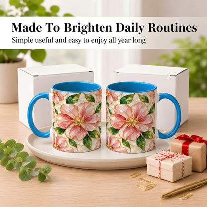 #pl[11oz|Blue] Pink Stained Glass Style Coffee Mug, Floral Art Mug, Ceramic Cup