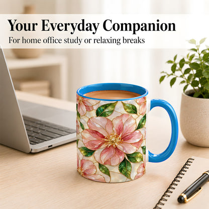 #pl[11oz|Blue] Pink Stained Glass Style Coffee Mug, Floral Art Mug, Ceramic Cup