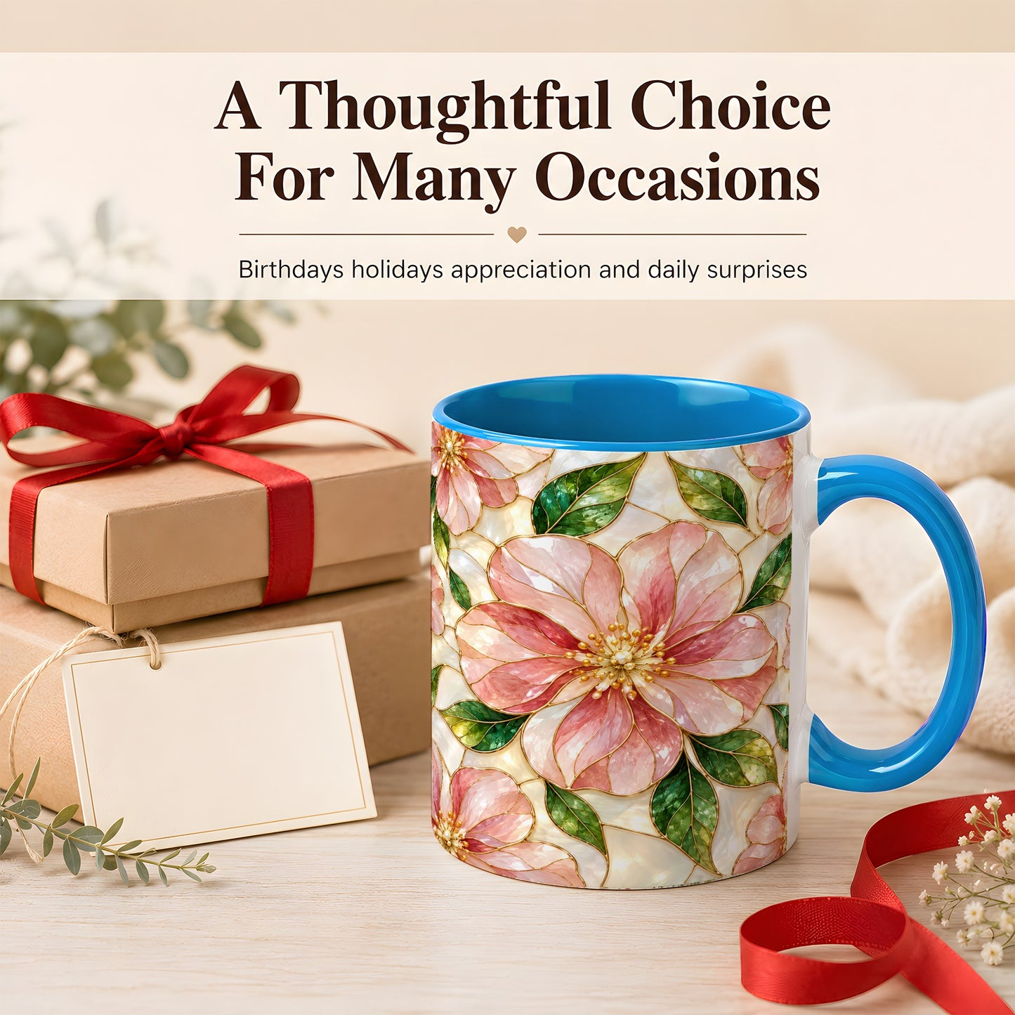 #pl[11oz|Blue] Pink Stained Glass Style Coffee Mug, Floral Art Mug, Ceramic Cup