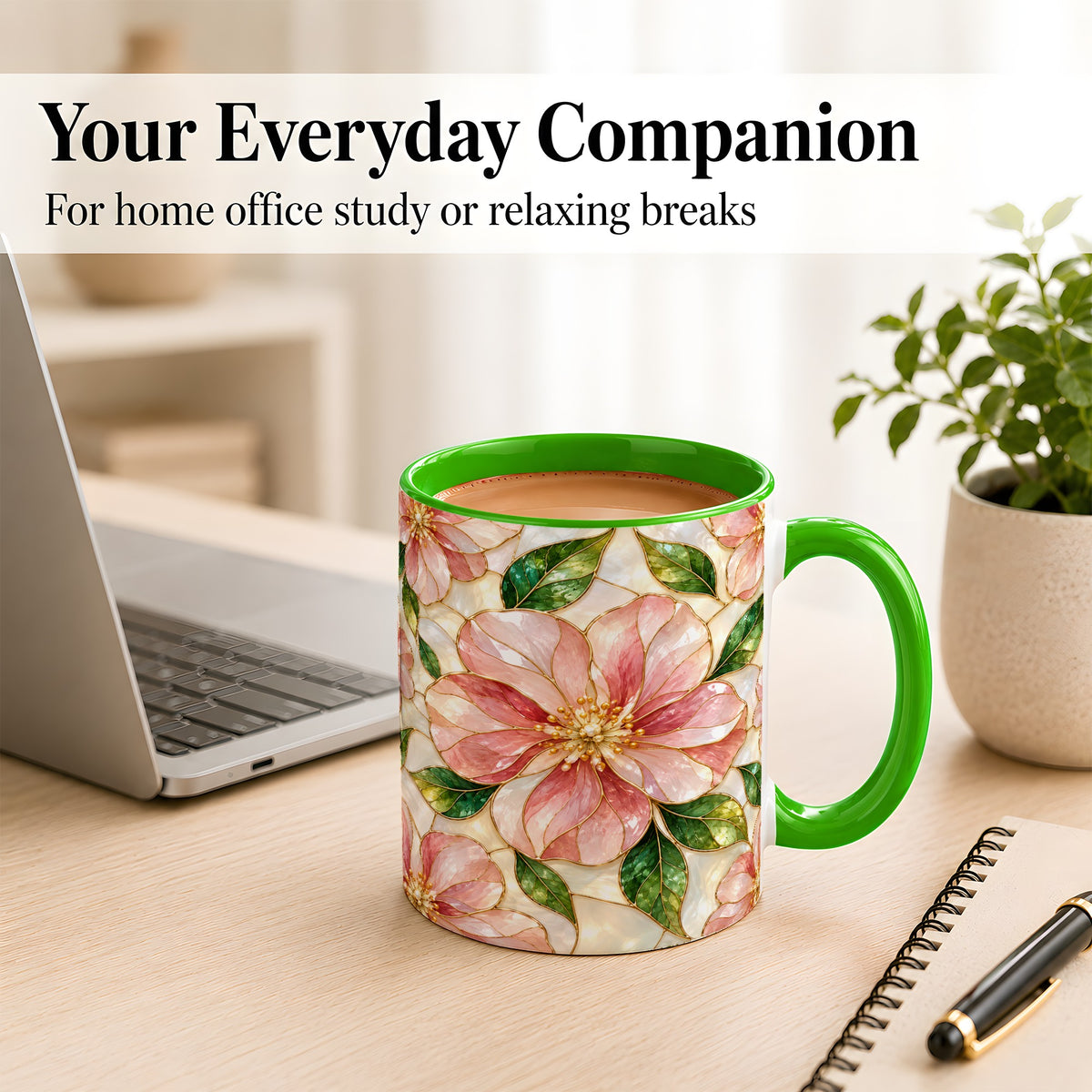 #pl[11oz|Green] Pink Stained Glass Style Coffee Mug, Floral Art Mug, Ceramic Cup