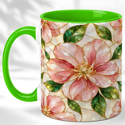 #pl[11oz|Green] Pink Stained Glass Style Coffee Mug, Floral Art Mug, Ceramic Cup