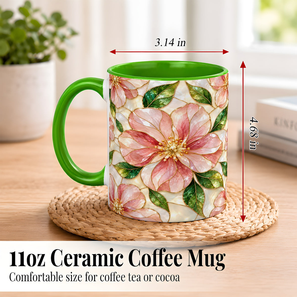 #pl[11oz|Green] Pink Stained Glass Style Coffee Mug, Floral Art Mug, Ceramic Cup