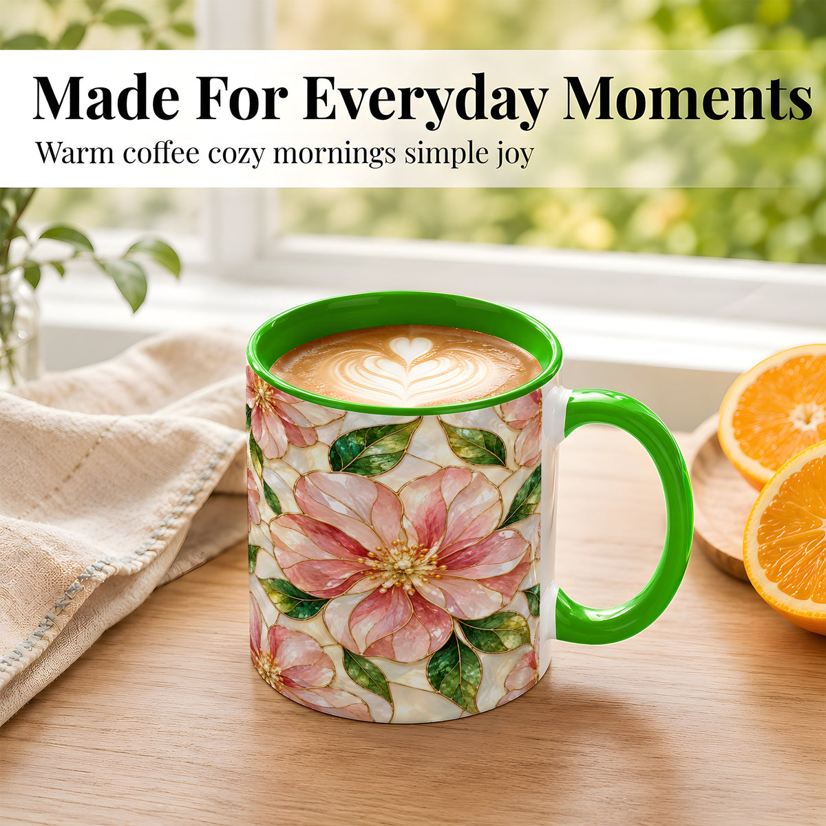 #pl[11oz|Green] Pink Stained Glass Style Coffee Mug, Floral Art Mug, Ceramic Cup