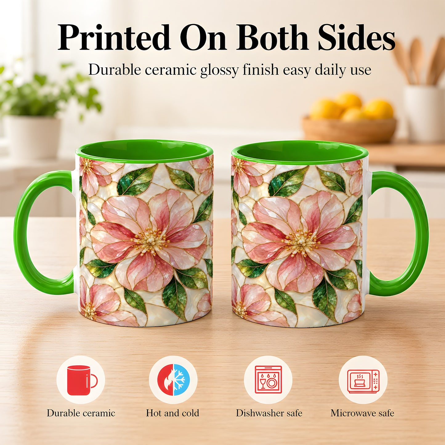 #pl[11oz|Green] Pink Stained Glass Style Coffee Mug, Floral Art Mug, Ceramic Cup