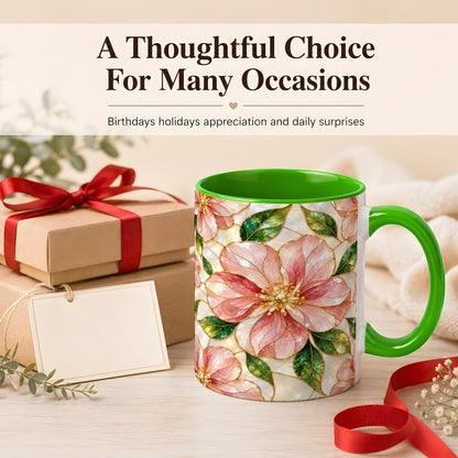 #pl[11oz|Green] Pink Stained Glass Style Coffee Mug, Floral Art Mug, Ceramic Cup