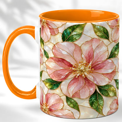 #pl[11oz|Orange] Pink Stained Glass Style Coffee Mug, Floral Art Mug, Ceramic Cup