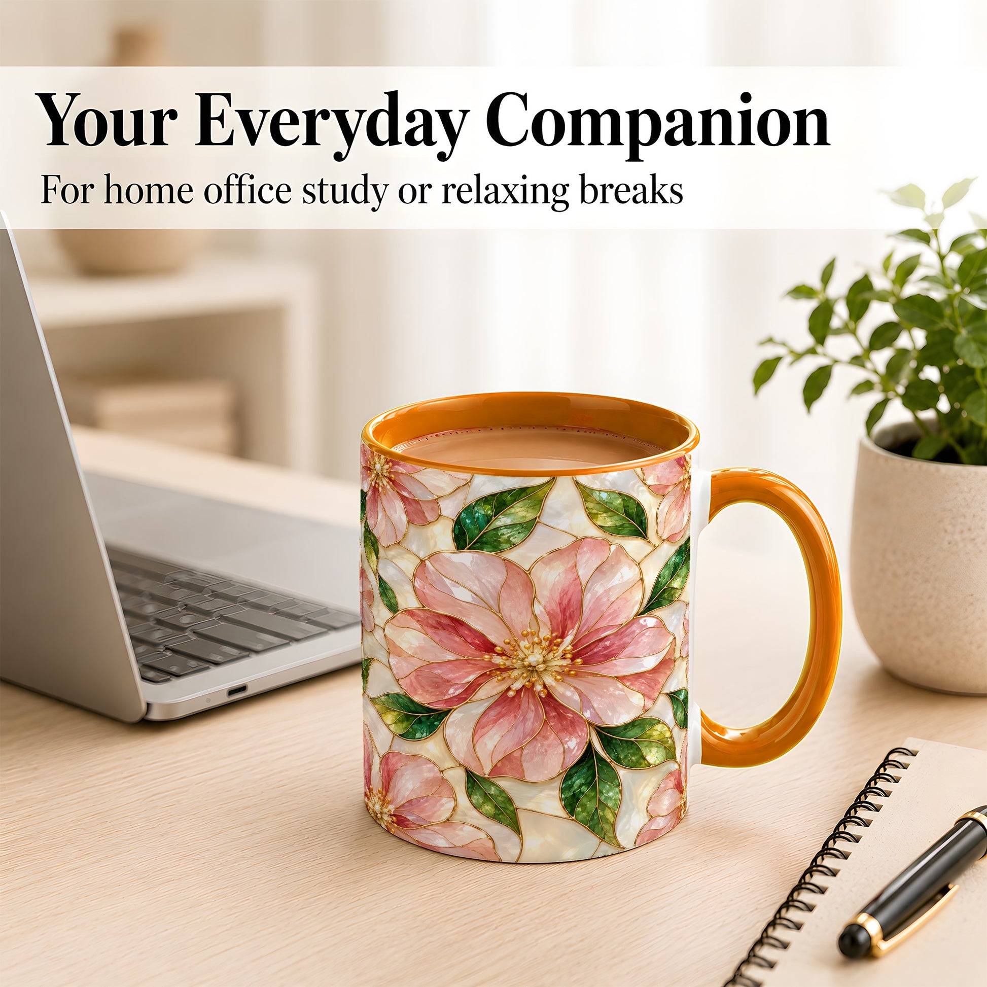 #pl[11oz|Orange] Pink Stained Glass Style Coffee Mug, Floral Art Mug, Ceramic Cup
