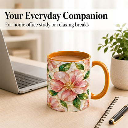 #pl[11oz|Orange] Pink Stained Glass Style Coffee Mug, Floral Art Mug, Ceramic Cup