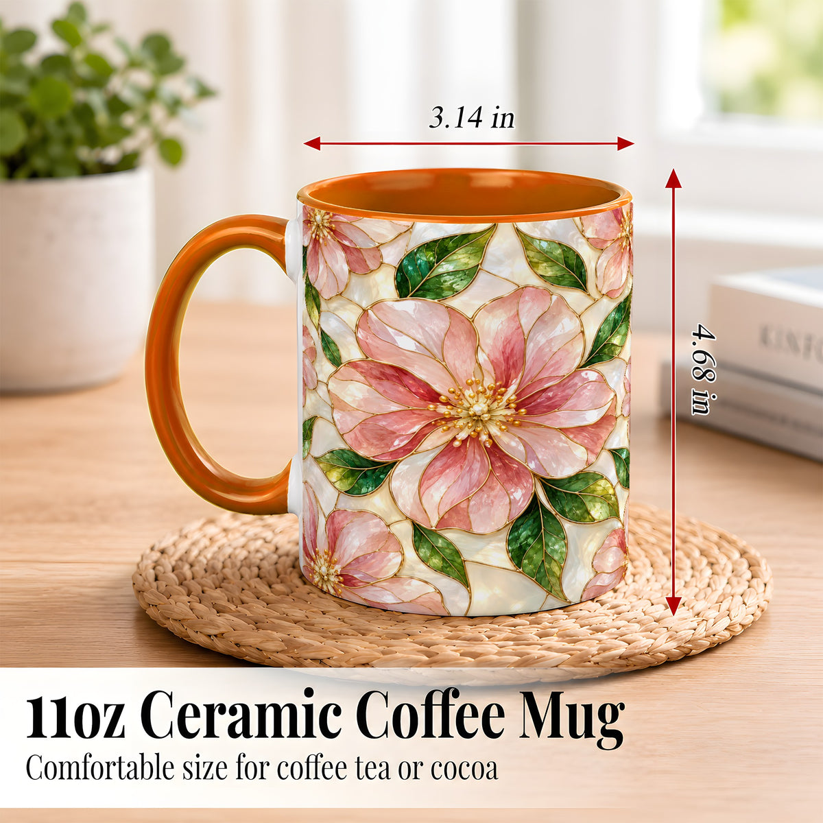 #pl[11oz|Orange] Pink Stained Glass Style Coffee Mug, Floral Art Mug, Ceramic Cup