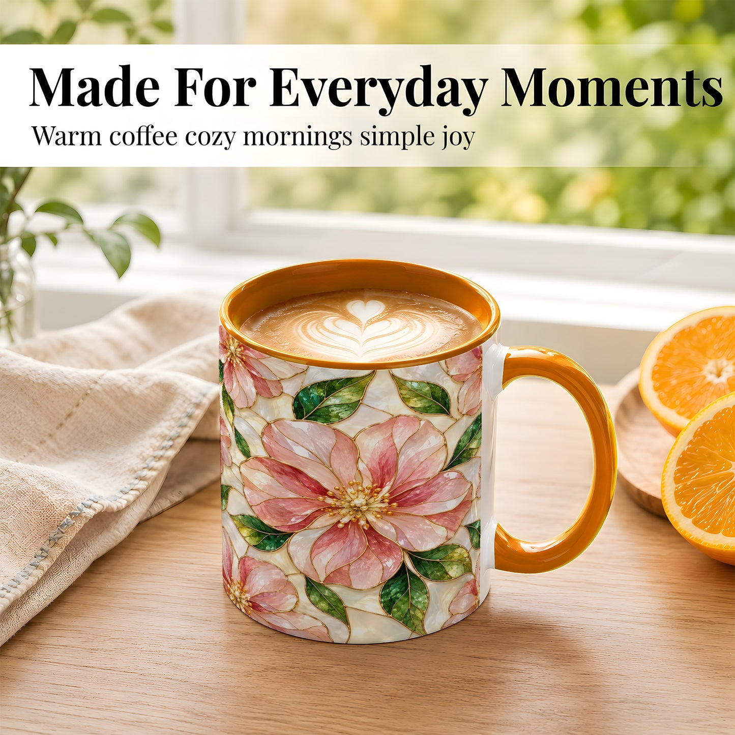 #pl[11oz|Orange] Pink Stained Glass Style Coffee Mug, Floral Art Mug, Ceramic Cup
