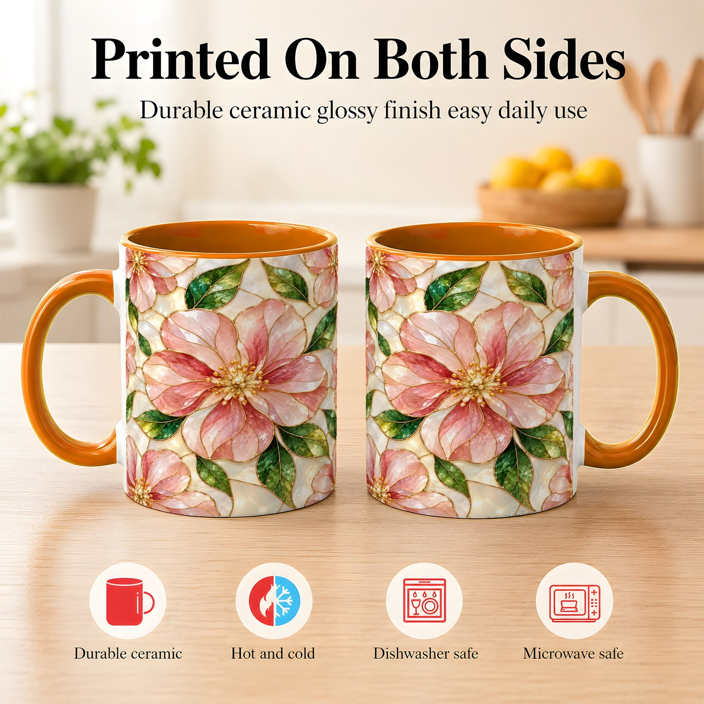 #pl[11oz|Orange] Pink Stained Glass Style Coffee Mug, Floral Art Mug, Ceramic Cup