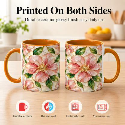 #pl[11oz|Orange] Pink Stained Glass Style Coffee Mug, Floral Art Mug, Ceramic Cup