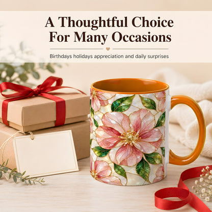 #pl[11oz|Orange] Pink Stained Glass Style Coffee Mug, Floral Art Mug, Ceramic Cup