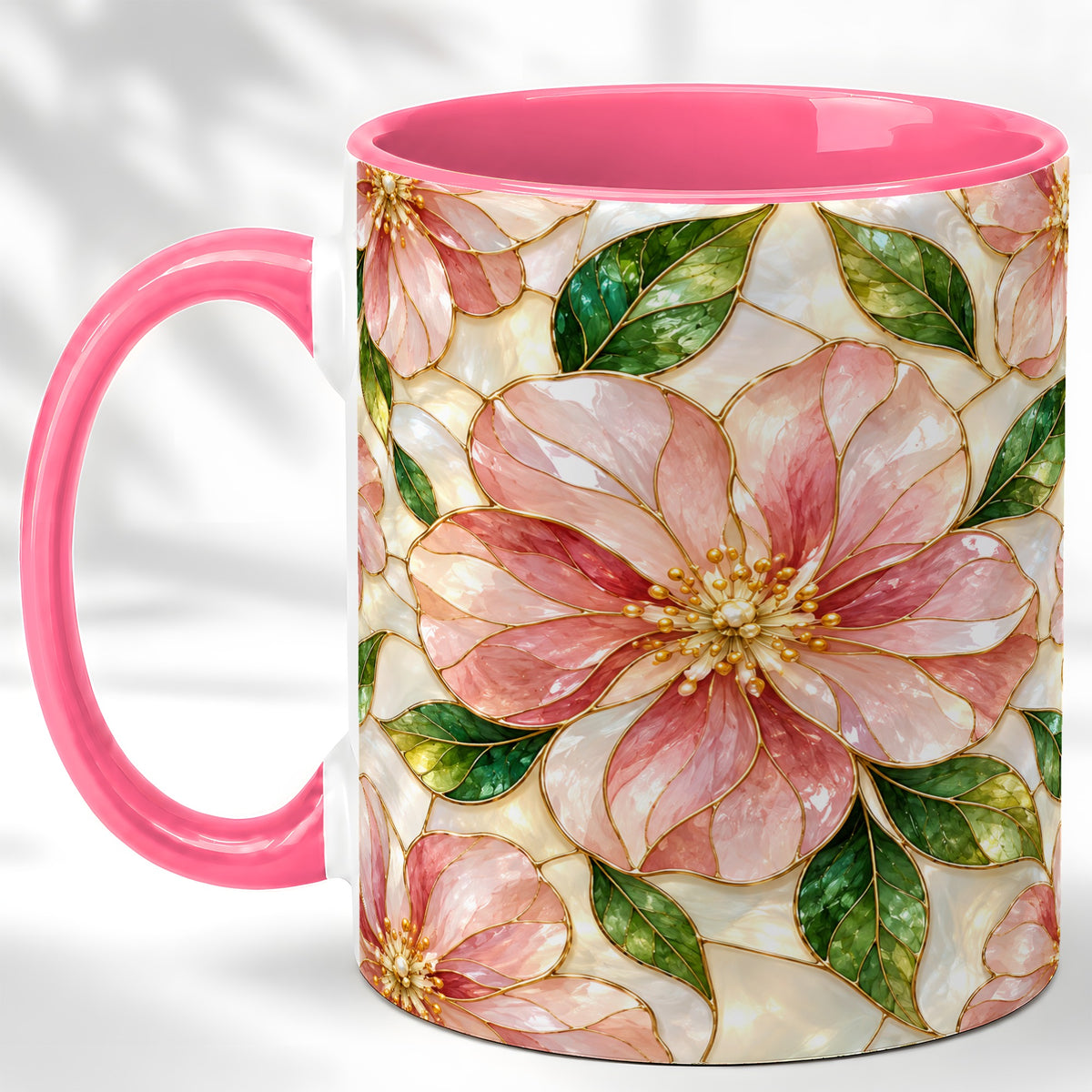 #pl[11oz|Pink] Pink Stained Glass Style Coffee Mug, Floral Art Mug, Ceramic Cup