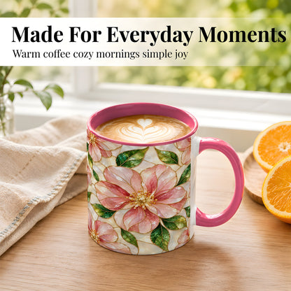 #pl[11oz|Pink] Pink Stained Glass Style Coffee Mug, Floral Art Mug, Ceramic Cup