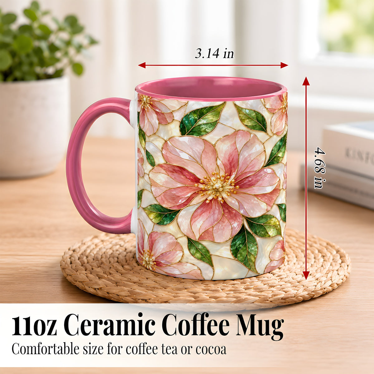 #pl[11oz|Pink] Pink Stained Glass Style Coffee Mug, Floral Art Mug, Ceramic Cup