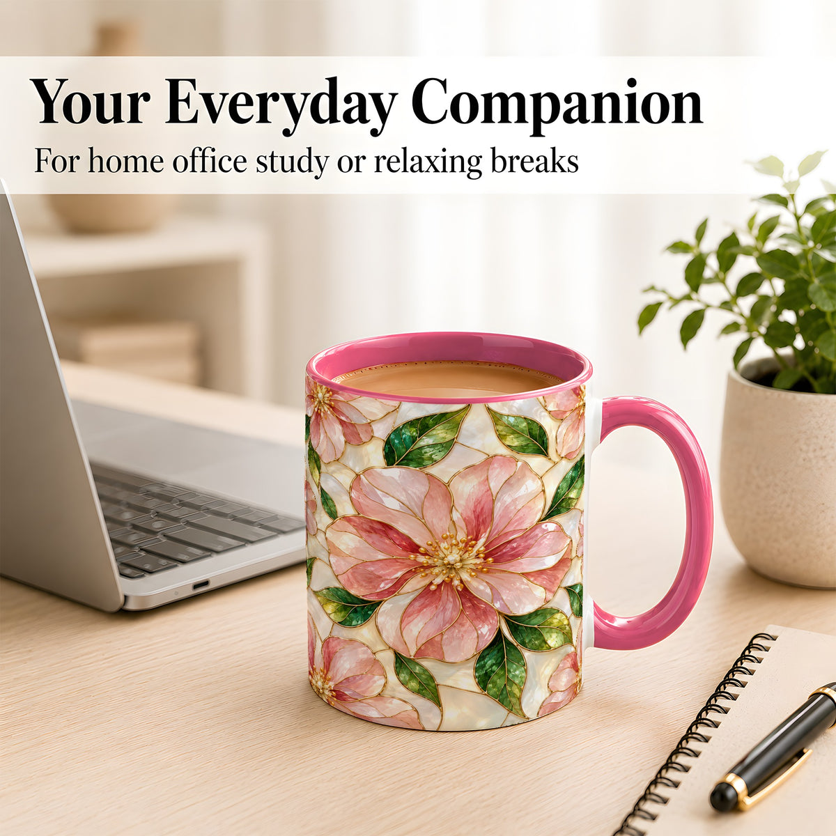 #pl[11oz|Pink] Pink Stained Glass Style Coffee Mug, Floral Art Mug, Ceramic Cup