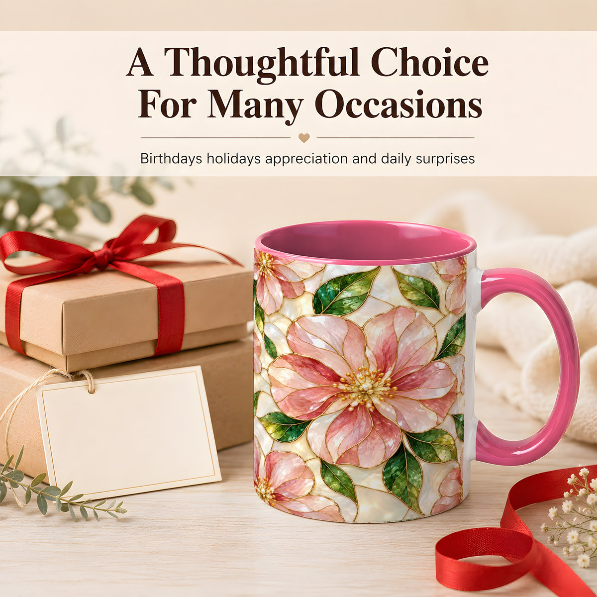 #pl[11oz|Pink] Pink Stained Glass Style Coffee Mug, Floral Art Mug, Ceramic Cup