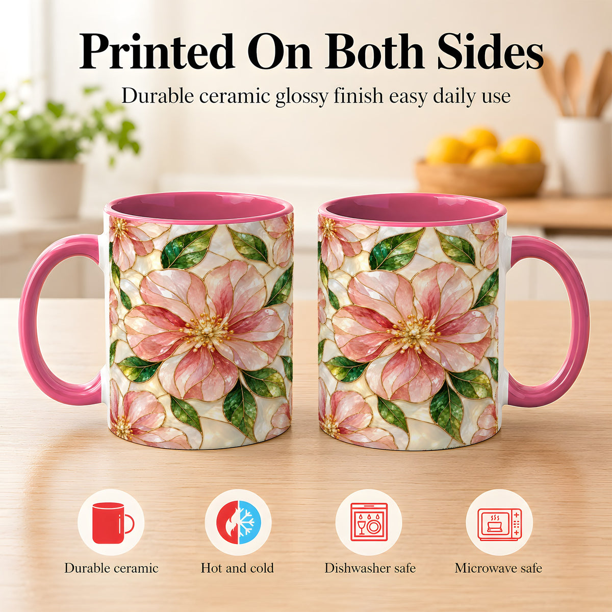 #pl[11oz|Pink] Pink Stained Glass Style Coffee Mug, Floral Art Mug, Ceramic Cup