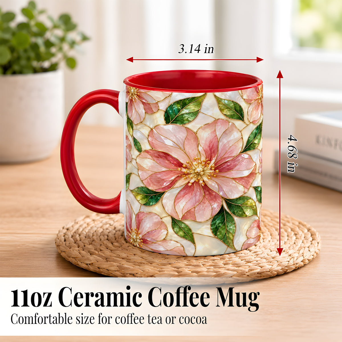 #pl[11oz|Red] Pink Stained Glass Style Coffee Mug, Floral Art Mug, Ceramic Cup