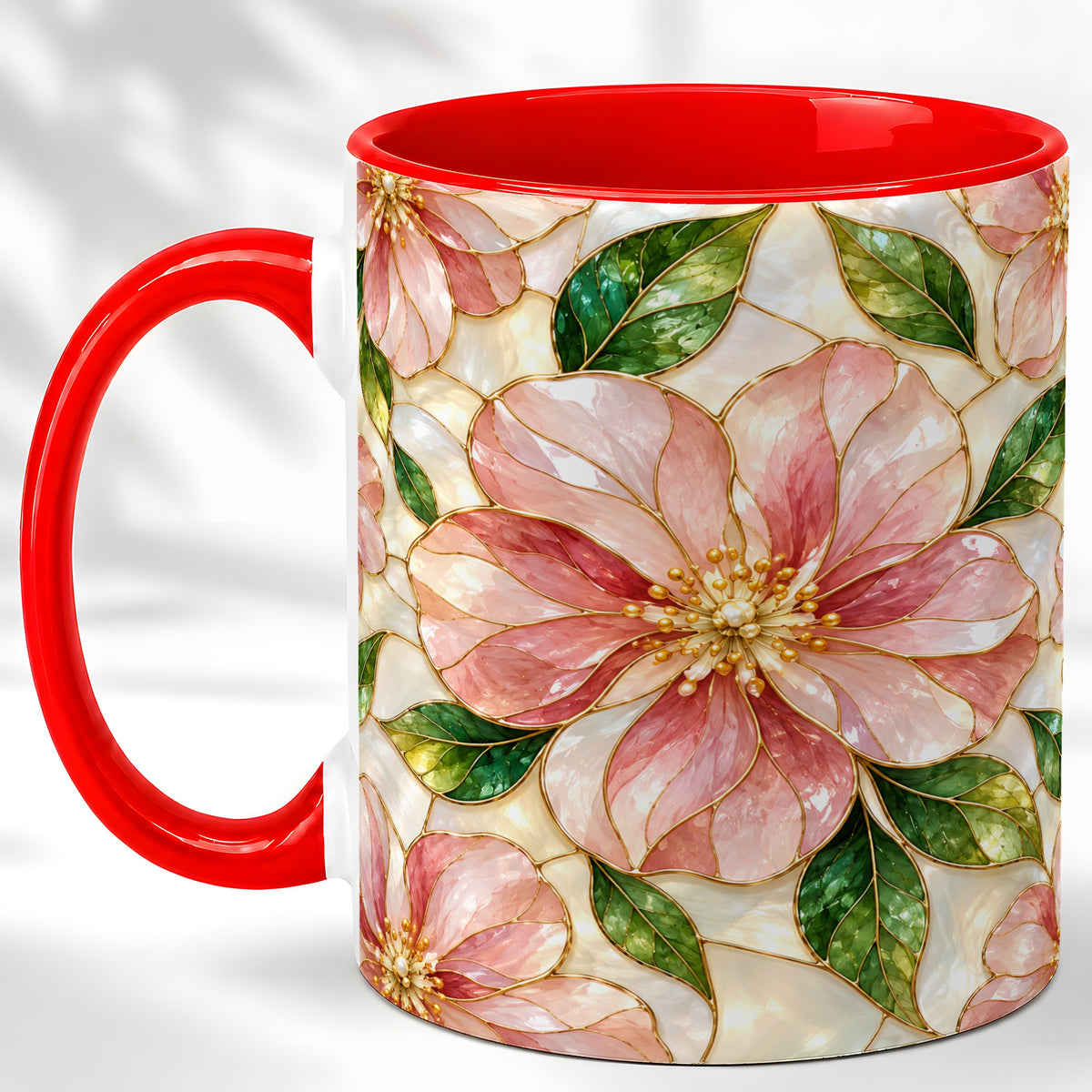 Pink Stained Glass Style Coffee Mug, Floral Art Mug, Ceramic Cup