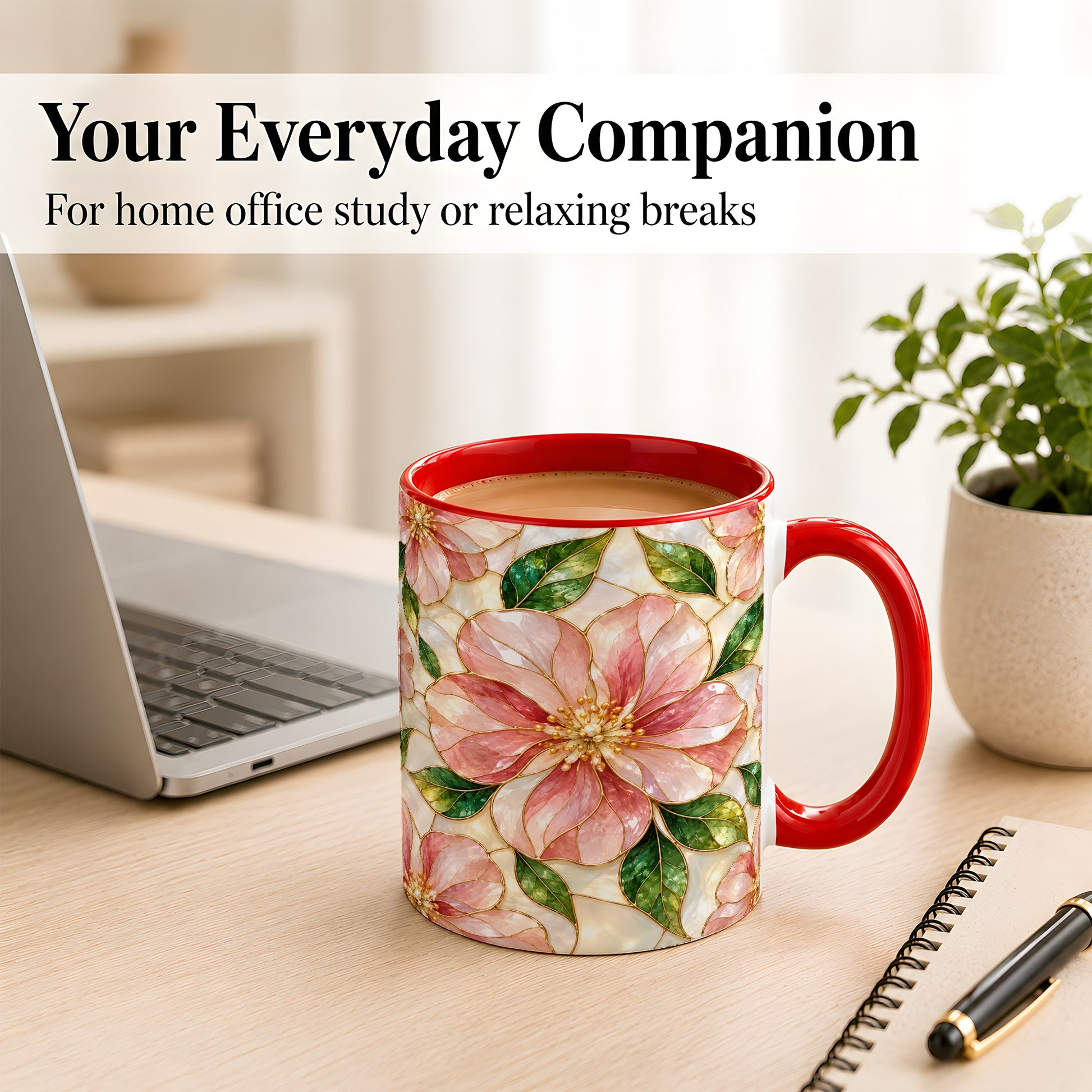 #pl[11oz|Red] Pink Stained Glass Style Coffee Mug, Floral Art Mug, Ceramic Cup