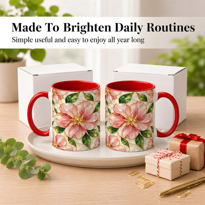 #pl[11oz|Red] Pink Stained Glass Style Coffee Mug, Floral Art Mug, Ceramic Cup