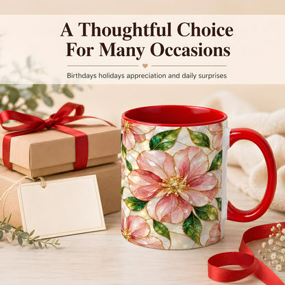 #pl[11oz|Red] Pink Stained Glass Style Coffee Mug, Floral Art Mug, Ceramic Cup