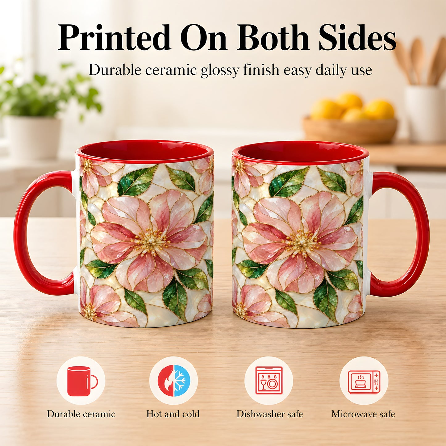 #pl[11oz|Red] Pink Stained Glass Style Coffee Mug, Floral Art Mug, Ceramic Cup