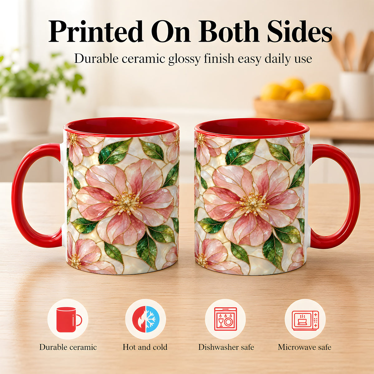 #pl[11oz|Red] Pink Stained Glass Style Coffee Mug, Floral Art Mug, Ceramic Cup