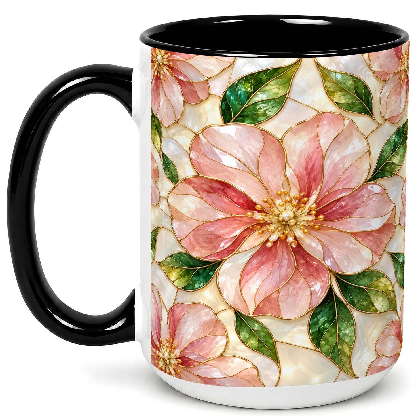 #pl[15oz|Black] Pink Stained Glass Style Coffee Mug, Floral Art Mug, Ceramic Cup