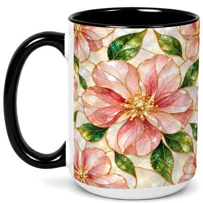 #pl[15oz|Black] Pink Stained Glass Style Coffee Mug, Floral Art Mug, Ceramic Cup