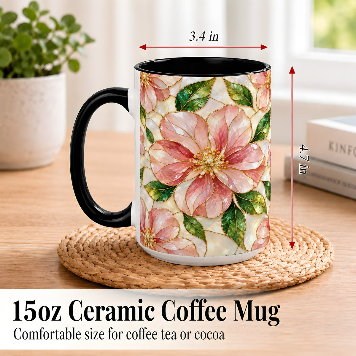 #pl[15oz|Black] Pink Stained Glass Style Coffee Mug, Floral Art Mug, Ceramic Cup