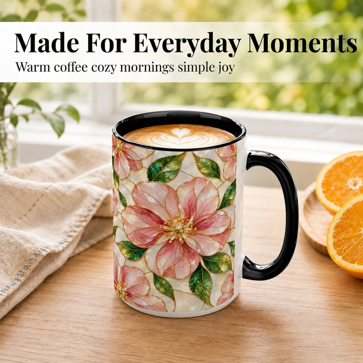 #pl[15oz|Black] Pink Stained Glass Style Coffee Mug, Floral Art Mug, Ceramic Cup