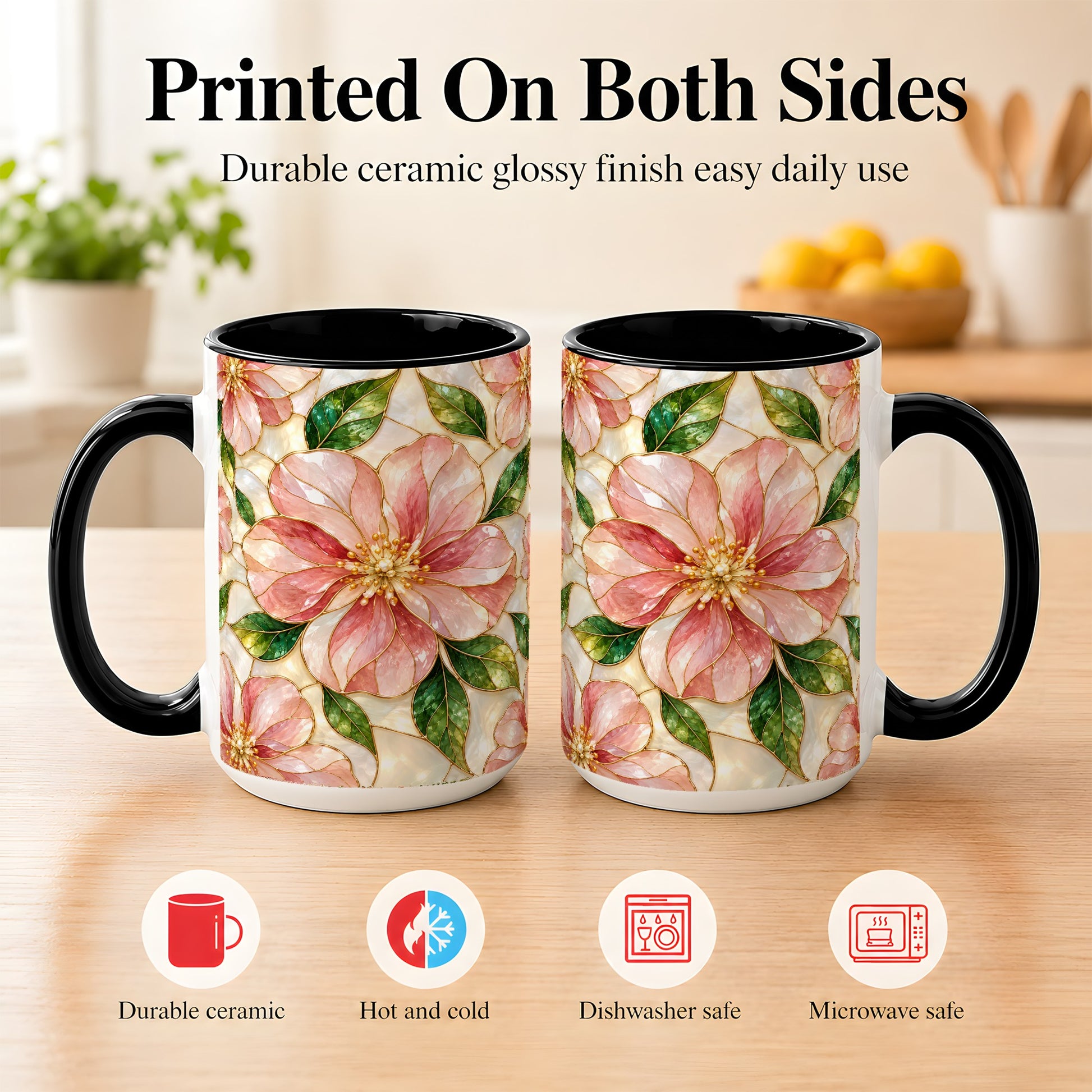 #pl[15oz|Black] Pink Stained Glass Style Coffee Mug, Floral Art Mug, Ceramic Cup