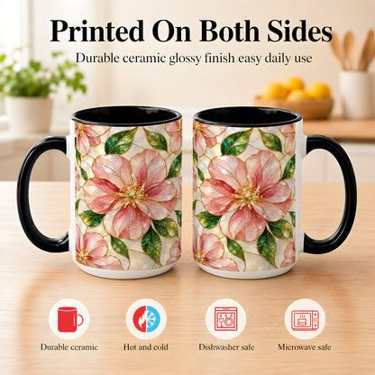 #pl[15oz|Black] Pink Stained Glass Style Coffee Mug, Floral Art Mug, Ceramic Cup