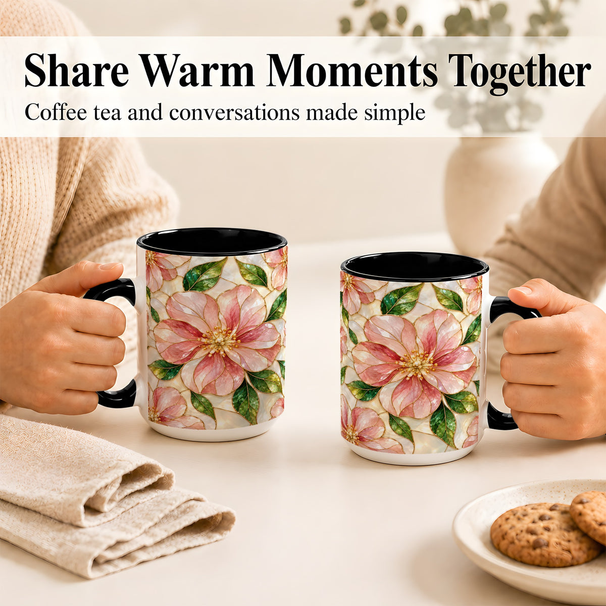 #pl[15oz|Black] Pink Stained Glass Style Coffee Mug, Floral Art Mug, Ceramic Cup