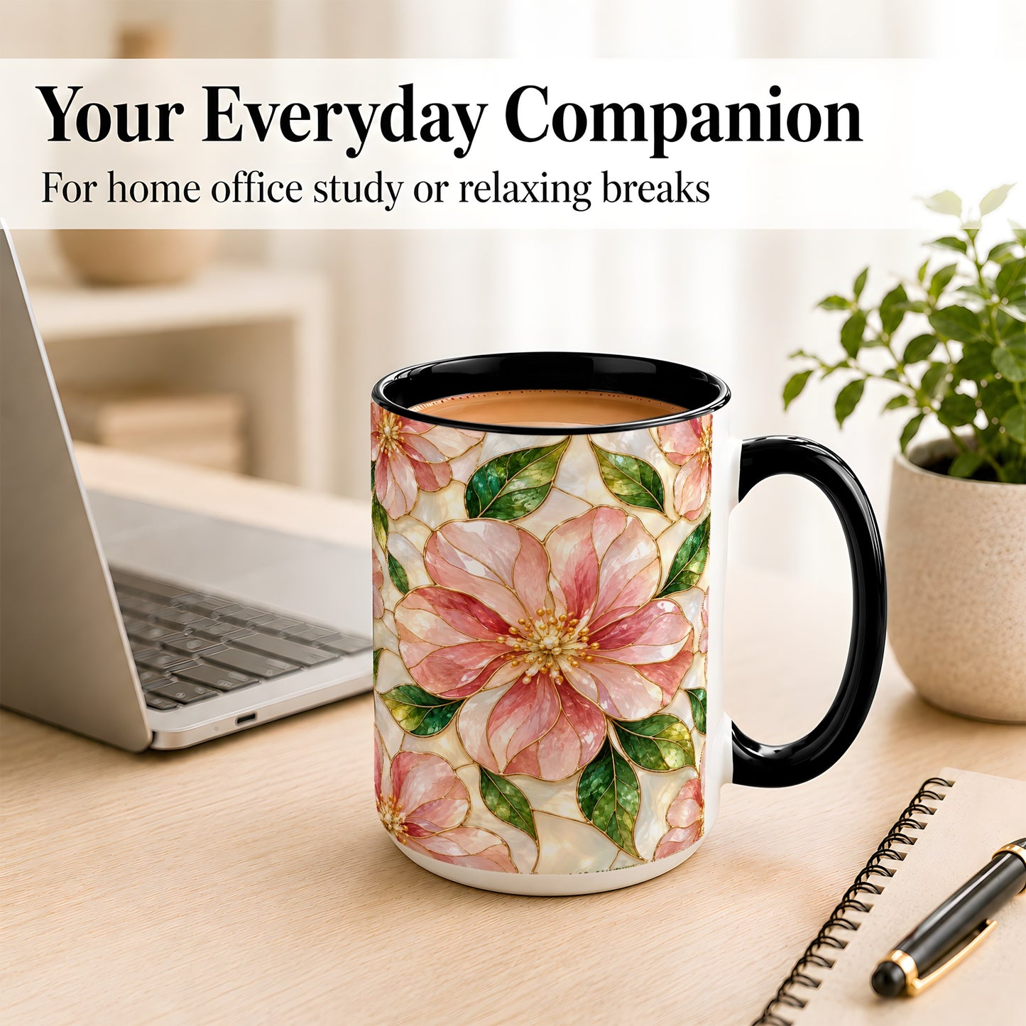 #pl[15oz|Black] Pink Stained Glass Style Coffee Mug, Floral Art Mug, Ceramic Cup