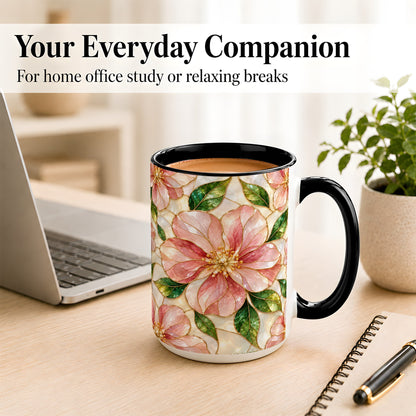 #pl[15oz|Black] Pink Stained Glass Style Coffee Mug, Floral Art Mug, Ceramic Cup