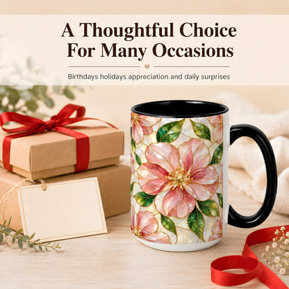 #pl[15oz|Black] Pink Stained Glass Style Coffee Mug, Floral Art Mug, Ceramic Cup