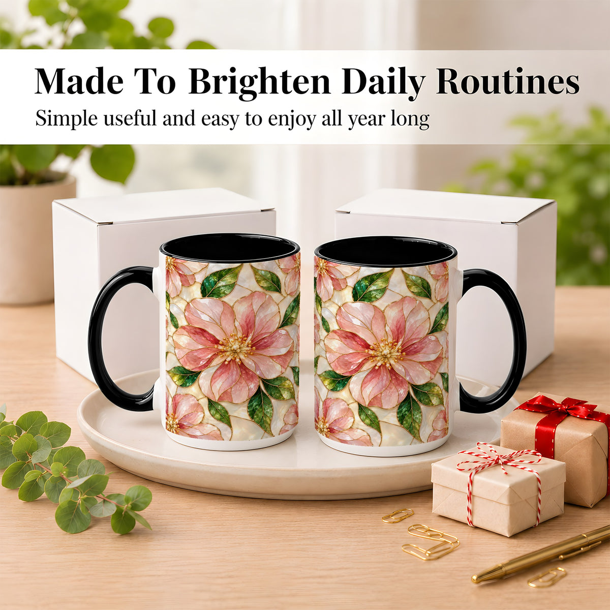 #pl[15oz|Black] Pink Stained Glass Style Coffee Mug, Floral Art Mug, Ceramic Cup