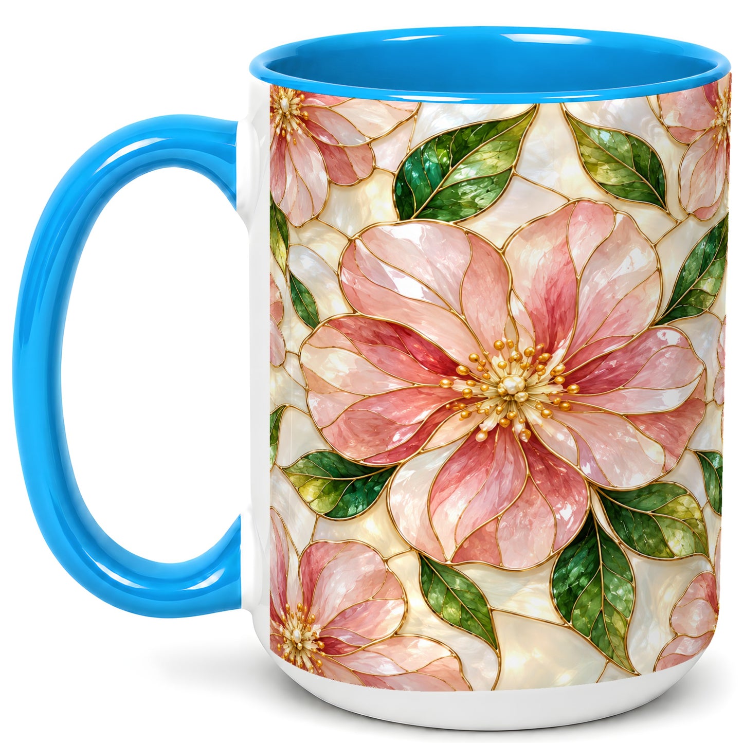#pl[15oz|Blue] Pink Stained Glass Style Coffee Mug, Floral Art Mug, Ceramic Cup