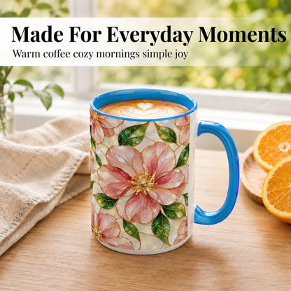 #pl[15oz|Blue] Pink Stained Glass Style Coffee Mug, Floral Art Mug, Ceramic Cup