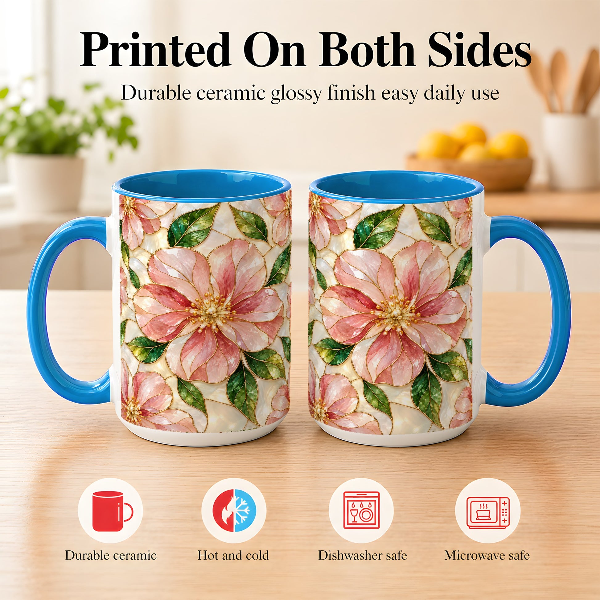 #pl[15oz|Blue] Pink Stained Glass Style Coffee Mug, Floral Art Mug, Ceramic Cup